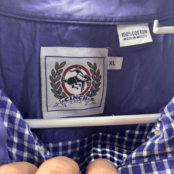 Cinch Button Down Shirt Gingham Check Long Sleeve Western Mens XL Purple White - Picture 4 of 4